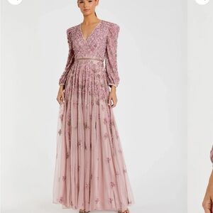 Mac Duggal Pink Embellished Tiered Gown with Bishop Sleeves